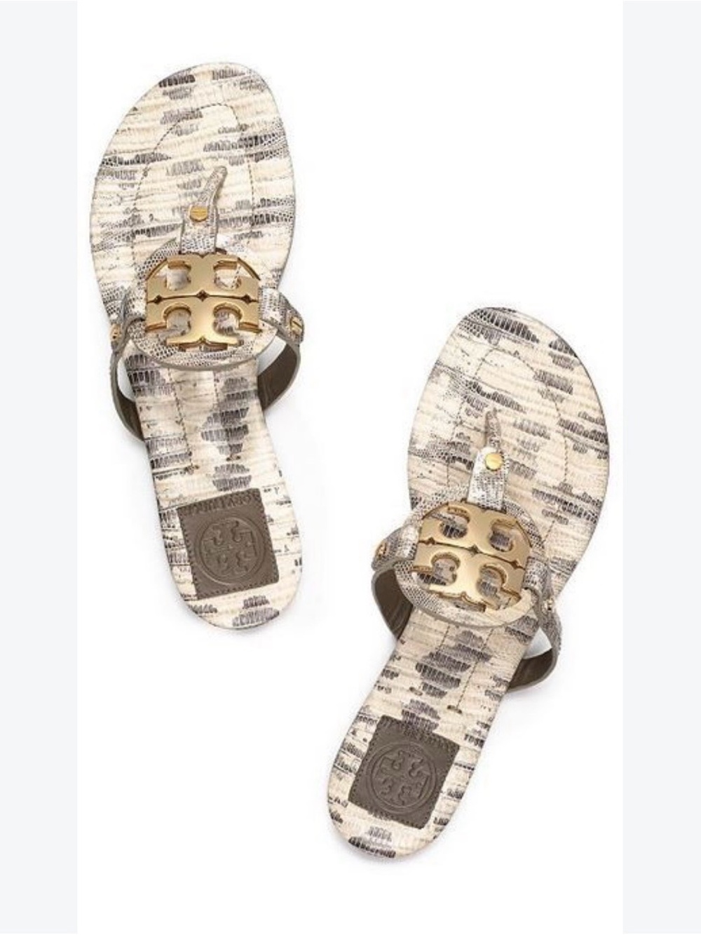 Tory Burch Beige and Gray Snake-Print Logo Thong Sandals